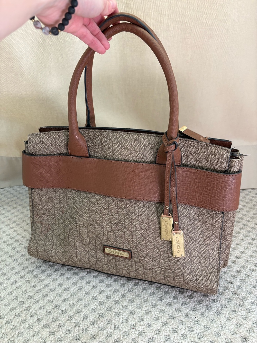 Calvin Klein Brown Monogram Satchel with Tan Trim